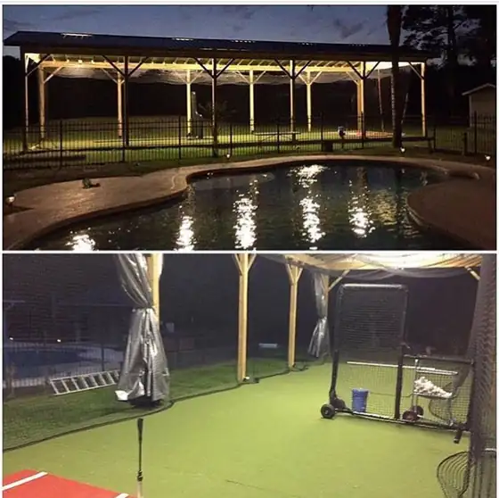 Enclosed batting cage with turf floor, shown at night and during the day